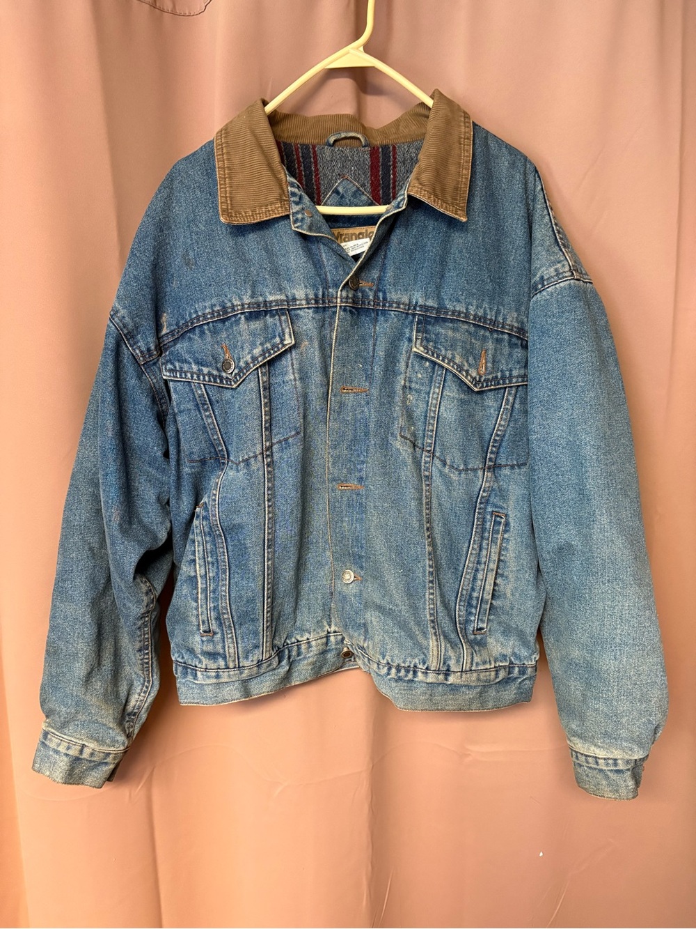 VTG Wrangler Hero Mens Blue Denim Jacket BlanketLined Corduroy Collar Large 3113